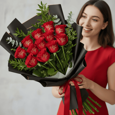 12 red roses bouquet with I Love You printed roses by VIP Floral Las Vegas