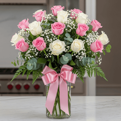 Simply Blush & White flower arrangement with pink and white roses, baby’s breath and greens in a glass vase