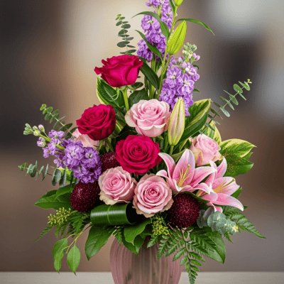 Cupid’s Blush flower arrangement with hot pink roses, light pink roses, stargazer lilies and purple stock in a pink glass vase