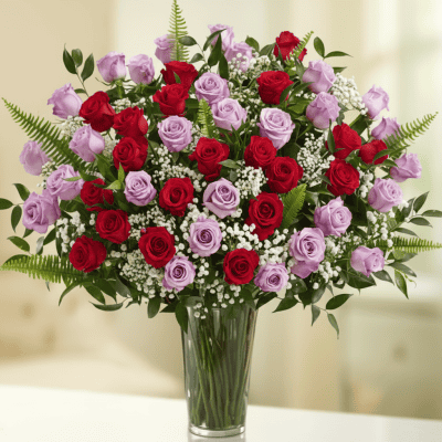 Purple and red roses arranged in a glass vase – Purple & Red Luxe luxury flower arrangement