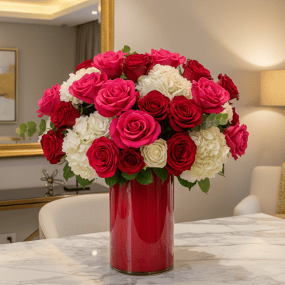 Red Velvet Elegance flower arrangement with red roses, hot pink roses and white hydrangeas in a red glass vase