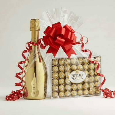 Bottega Gold champagne bottle and Ferrero Rocher chocolate box gift set wrapped in cellophane with red bow and heart ribbon