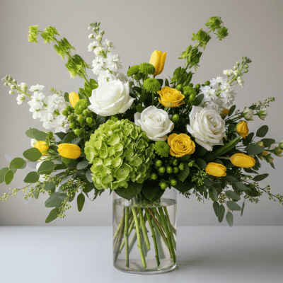 St. Patrick’s Day green white and yellow flower arrangement in clear glass vase