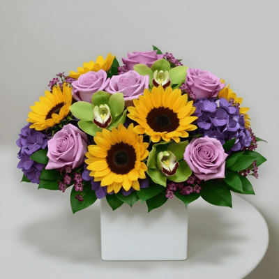 Sunflower and lavender rose arrangement with purple hydrangea in a white ceramic cube (Las Vegas same-day delivery)