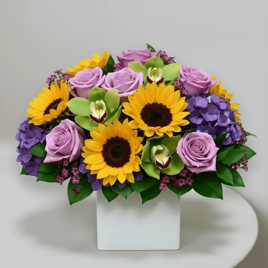 Sunflower and lavender rose arrangement with purple hydrangea in a white ceramic cube (Las Vegas same-day delivery)