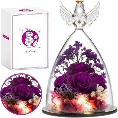 Mother’s Day Purple Rose Angel Dome – Preserved Roses Gift for Mom & Grandma