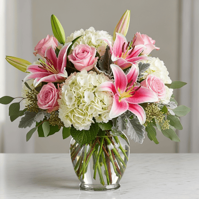 Pink stargazer lilies, soft pink roses, white hydrangeas with silver dusty miller foliage in clear glass vase, Las Vegas luxury flower arrangement