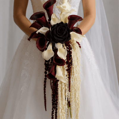 Velvet Noir luxury cascading bridal bouquet with burgundy and ivory calla lilies, black rose and hanging amaranthus in Las Vegas