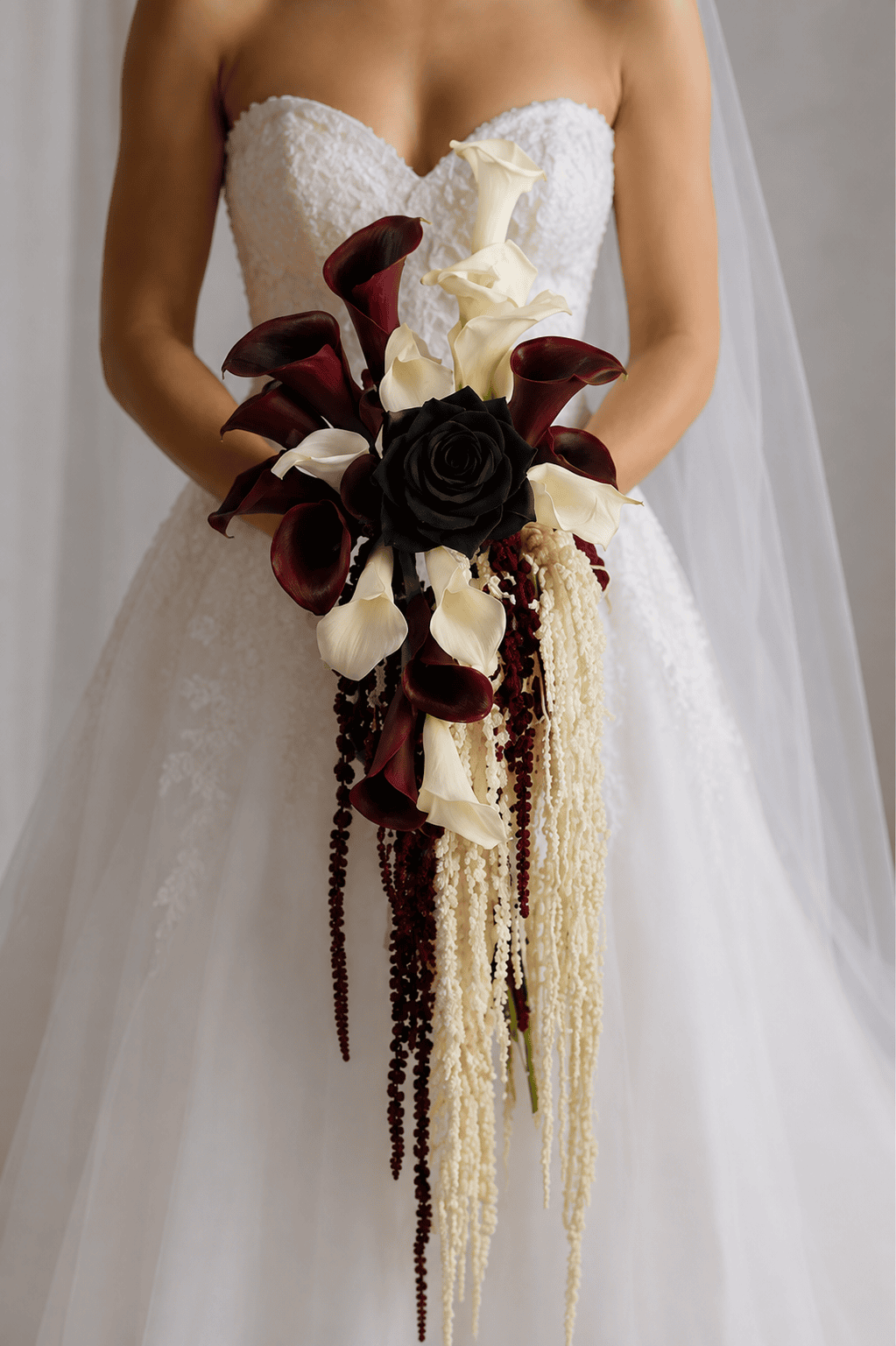 Velvet Noir luxury cascading bridal bouquet with burgundy and ivory calla lilies, black rose and hanging amaranthus in Las Vegas