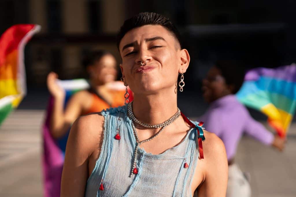 Colorful LGBTQ+ pride parade participant showing confidence and pride.