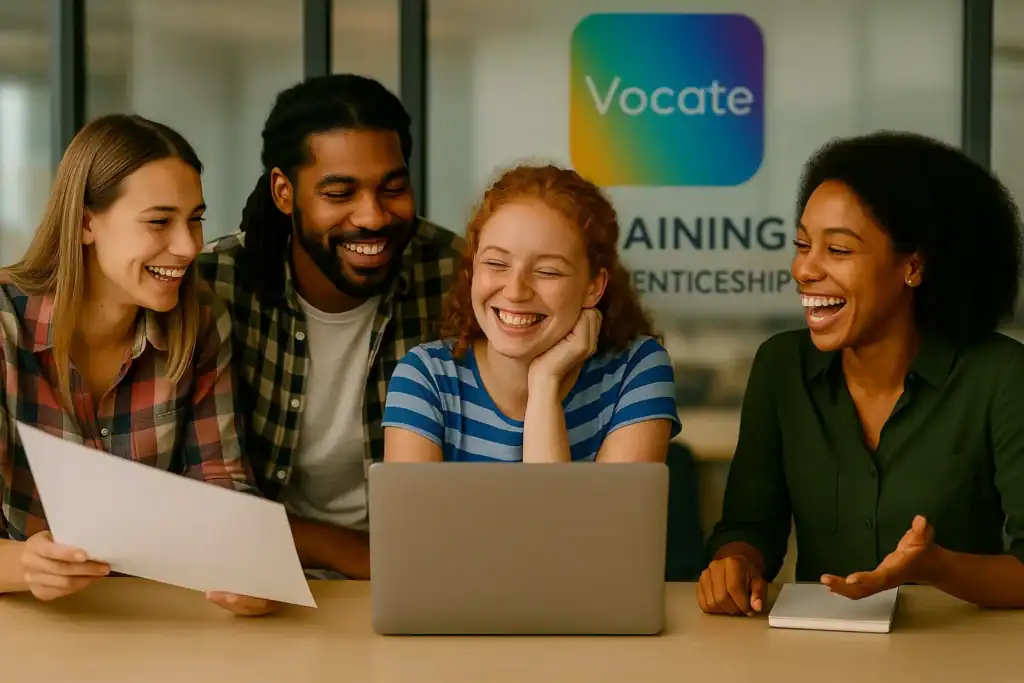 Young people around a laptop enjoying themselves, smiling and laughing, depict how vocate training apprenticeships engage