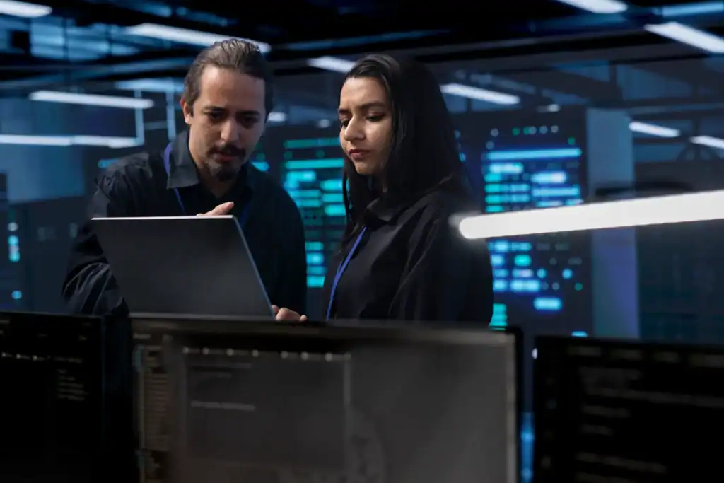 A female cybersecurity professional guides a young male apprentice They are in a data centre surrounded by servers and computers and would be a typical workplace for a cybersecurity technician apprentice.