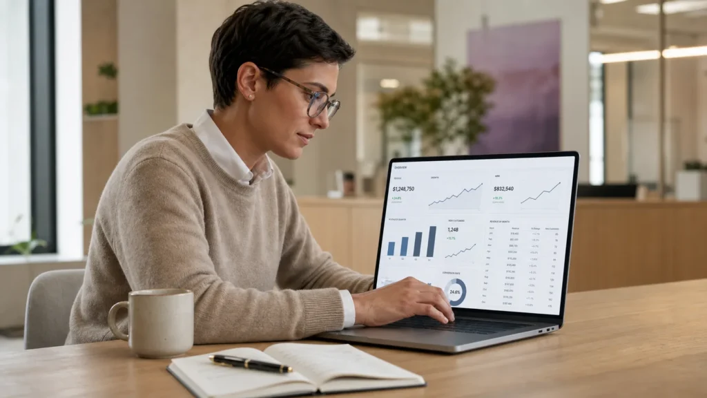 Professional applying AI strategy to business decisions, analysing dashboards and performance data on a laptop in a modern open-plan office.