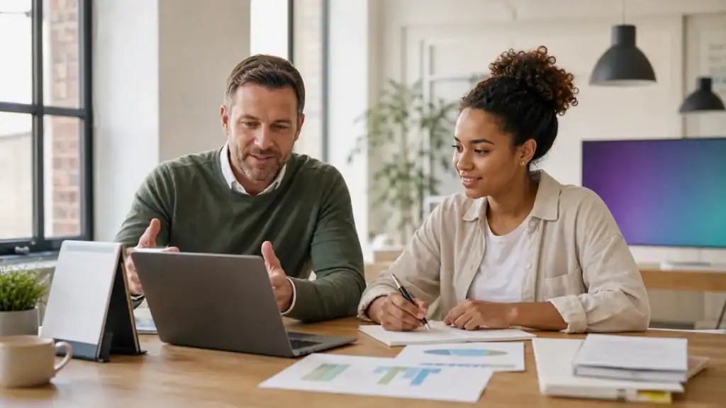 Employer and a young apprentice reviewing apprenticeship funding and planning at a desk