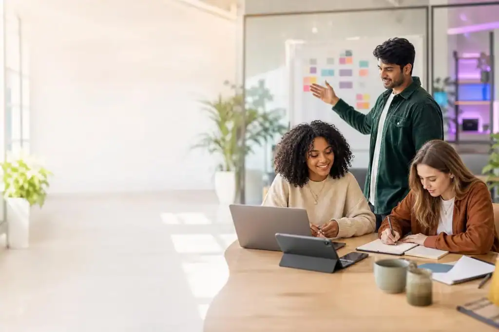 Diverse team collaborating on a project with a laptop and tablet in a bright, modern office setting.