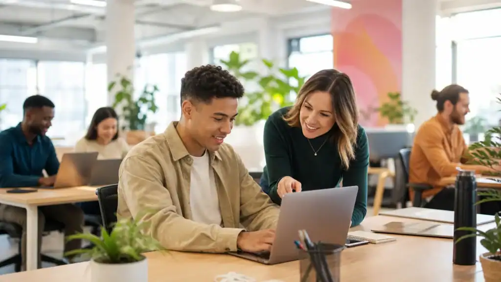 Apprentice working at a laptop alongside a supportive mentor in a modern workplace