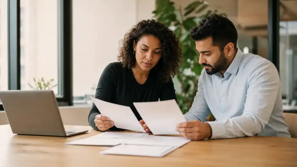 Employer and recruiter reviewing apprentice candidate CVs together at a desk