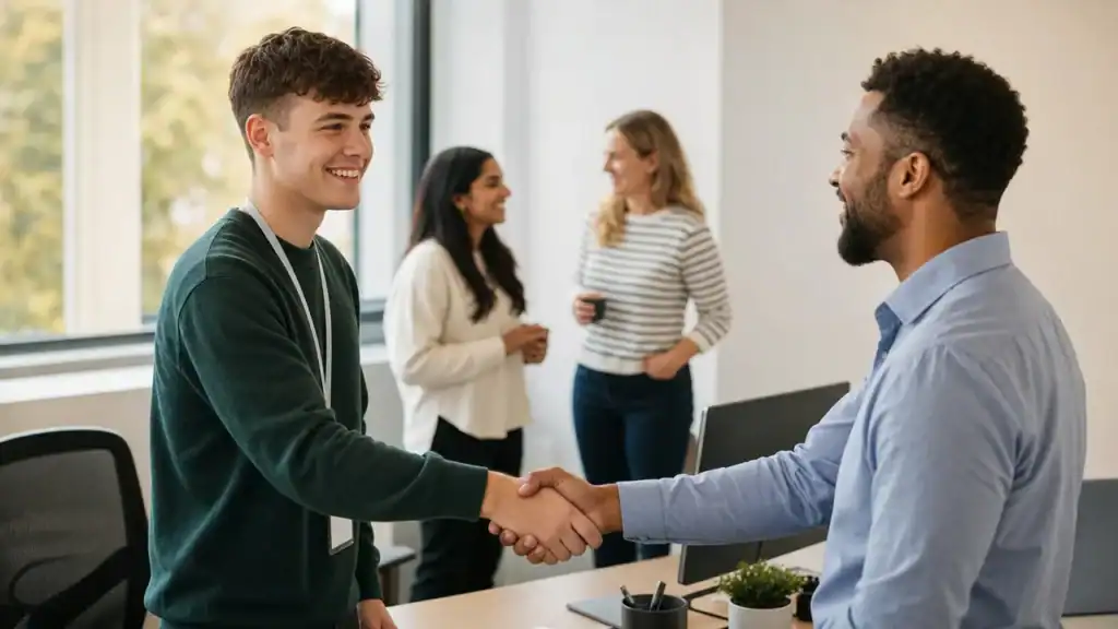 New apprentice wearing a lanyard shaking hands with their manager on their first day