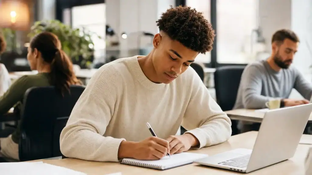 Young apprentice taking notes during on-the-job training at their workplace desk