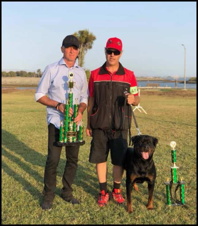 Elegant man holding a large trophy with his dog and handler after a dog show event at Vom Haus Burns, showcasing excellence in training and breed standards.