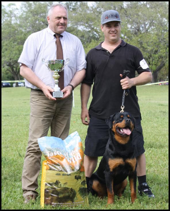 Award-winning dog and owner holding trophy at a dog show event, with a Rottweiler sitting beside them and dog food bag on the grass, representing excellence in dog breeding and training.