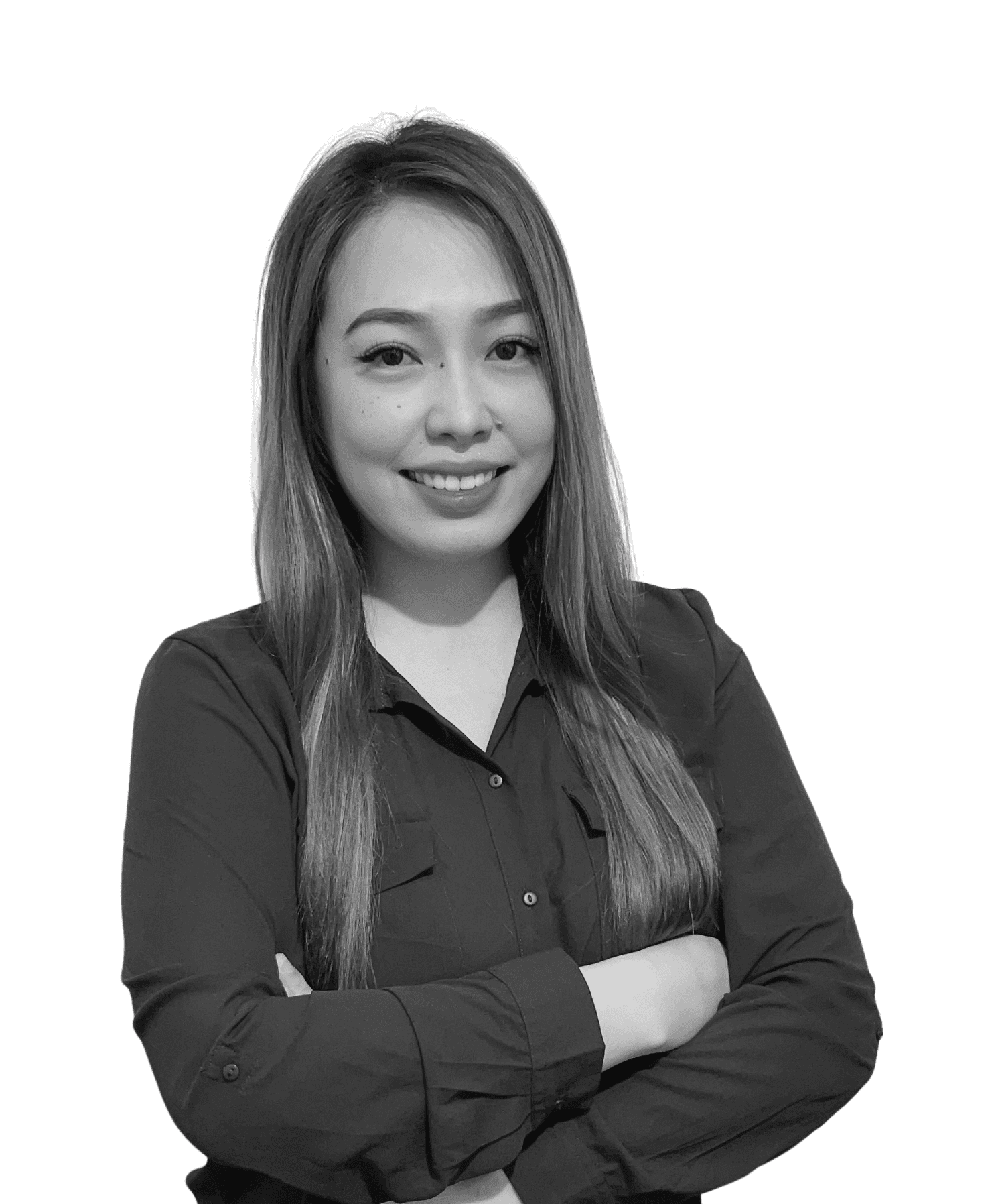 Professional woman with crossed arms, smiling, in black shirt.