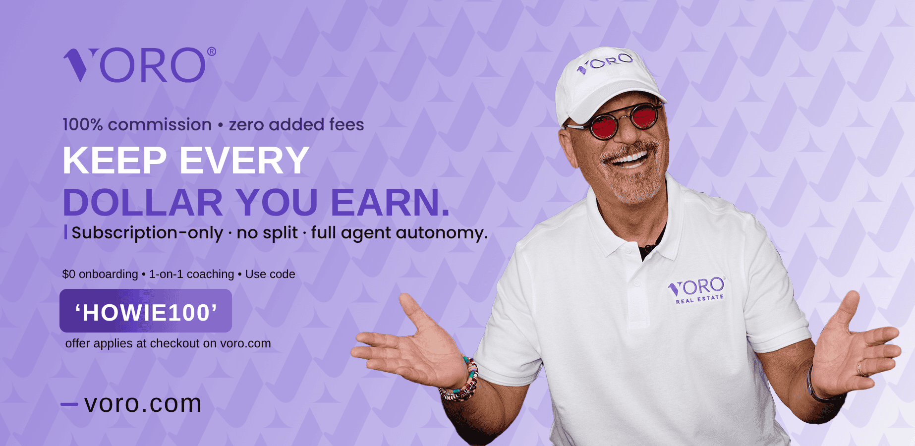 Smiling man in Voro branded polo and cap promoting subscription earnings.