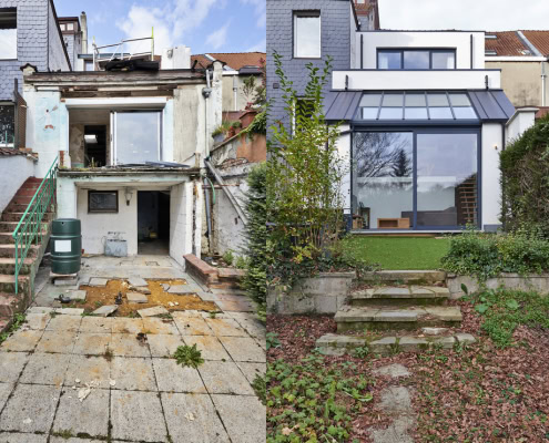 Before and after images of a Sydney home extension showing significant renovation progress.