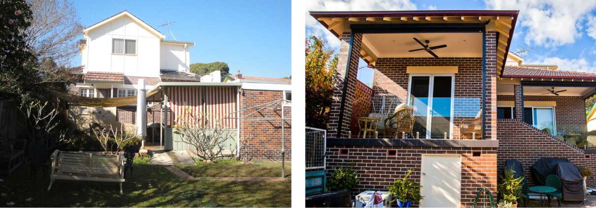 Before and after images of a Sydney residential home renovation, showing exterior improvements and o.