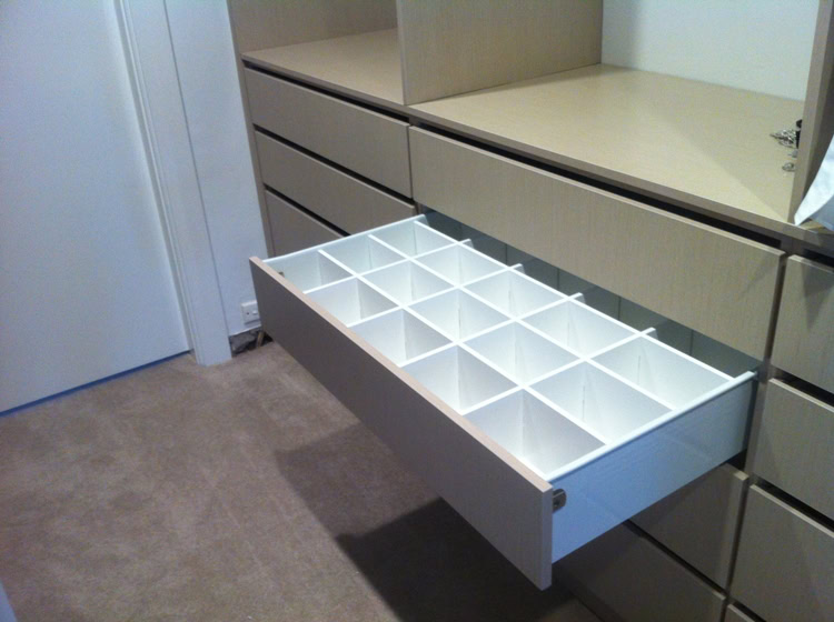 Custom wardrobe drawer with adjustable dividers for organised storage in Sydney.