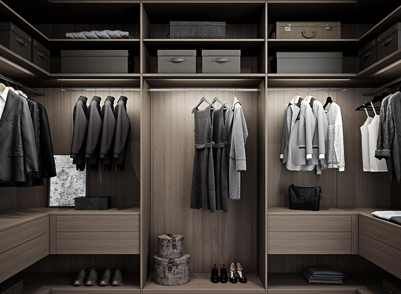 Bright and organized wardrobe featuring hanging space, shelves, and storage boxes in a modern design.