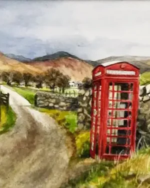 Red phone booth in countryside landscape painting