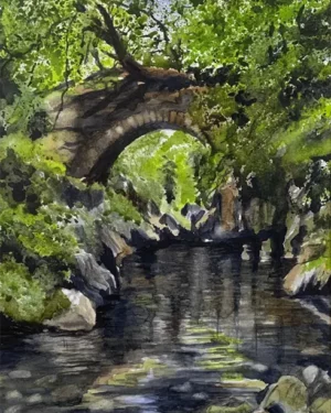 Stone bridge over forest stream, lush greenery surrounding.