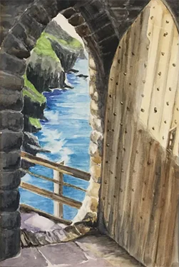 Rustic stone archway overlooking seaside cliffs