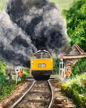Train on tracks with smoke and greenery around.