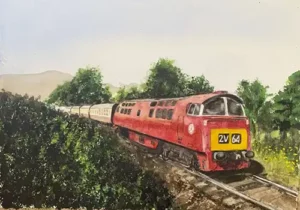 Red train traveling through lush green countryside.
