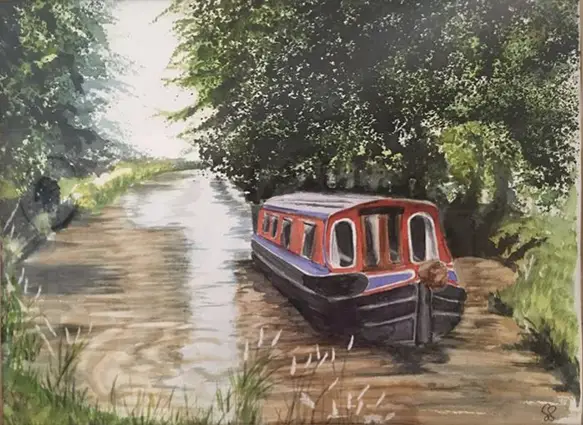 Painting of a canal boat on a river.