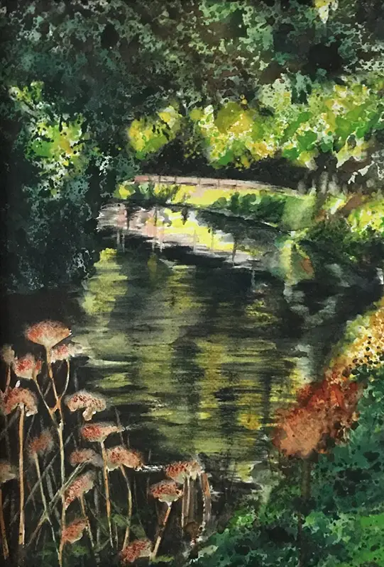 Serene watercolor landscape with pond and foliage