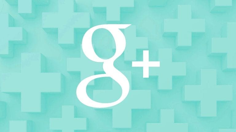The white logo for the former social media platform Google+ set against a teal background of 3D plus symbols.