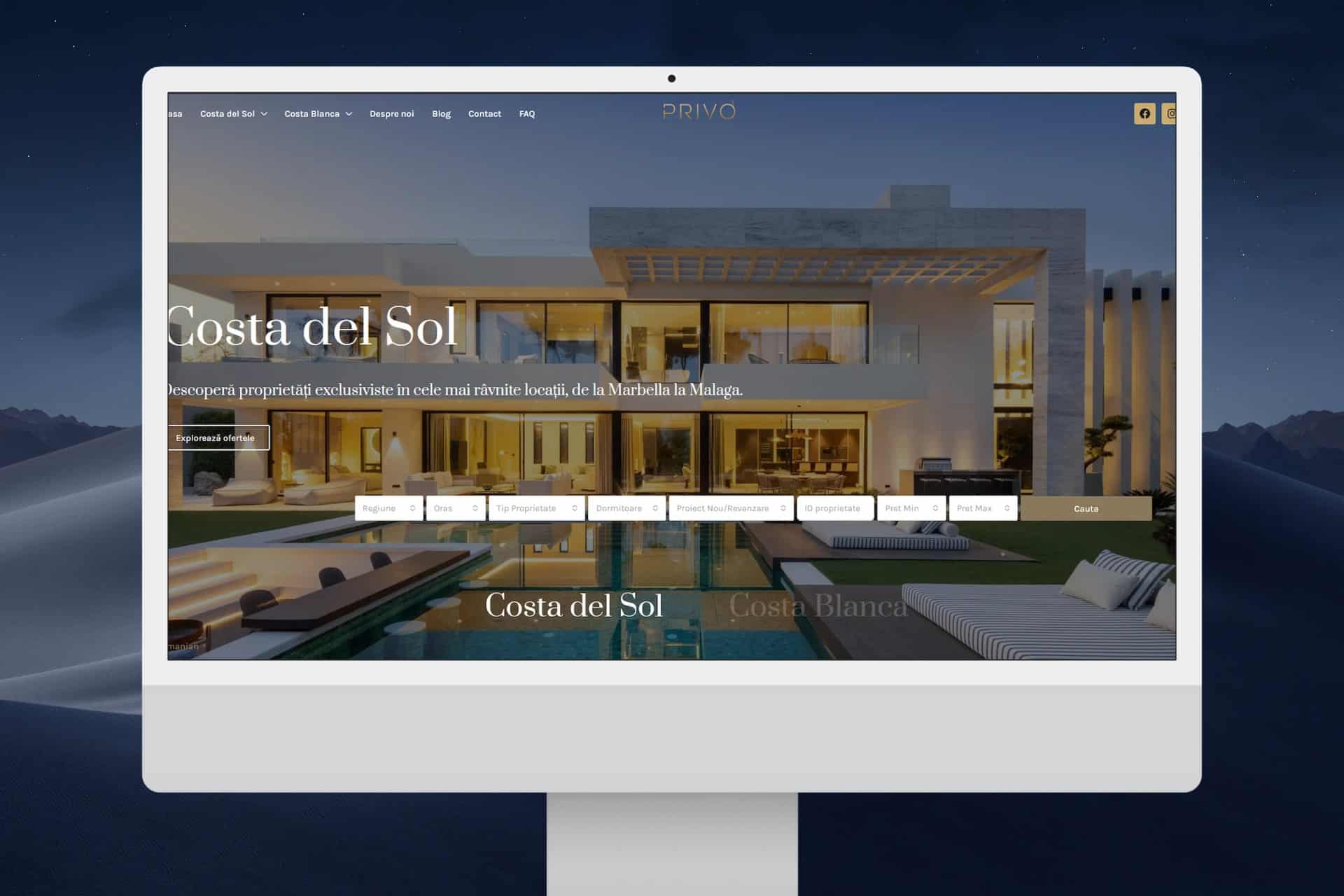 Vedere a site-ului web pentru o proprietate exclusivistă pe Costa del Sol, cu design modern și facil.