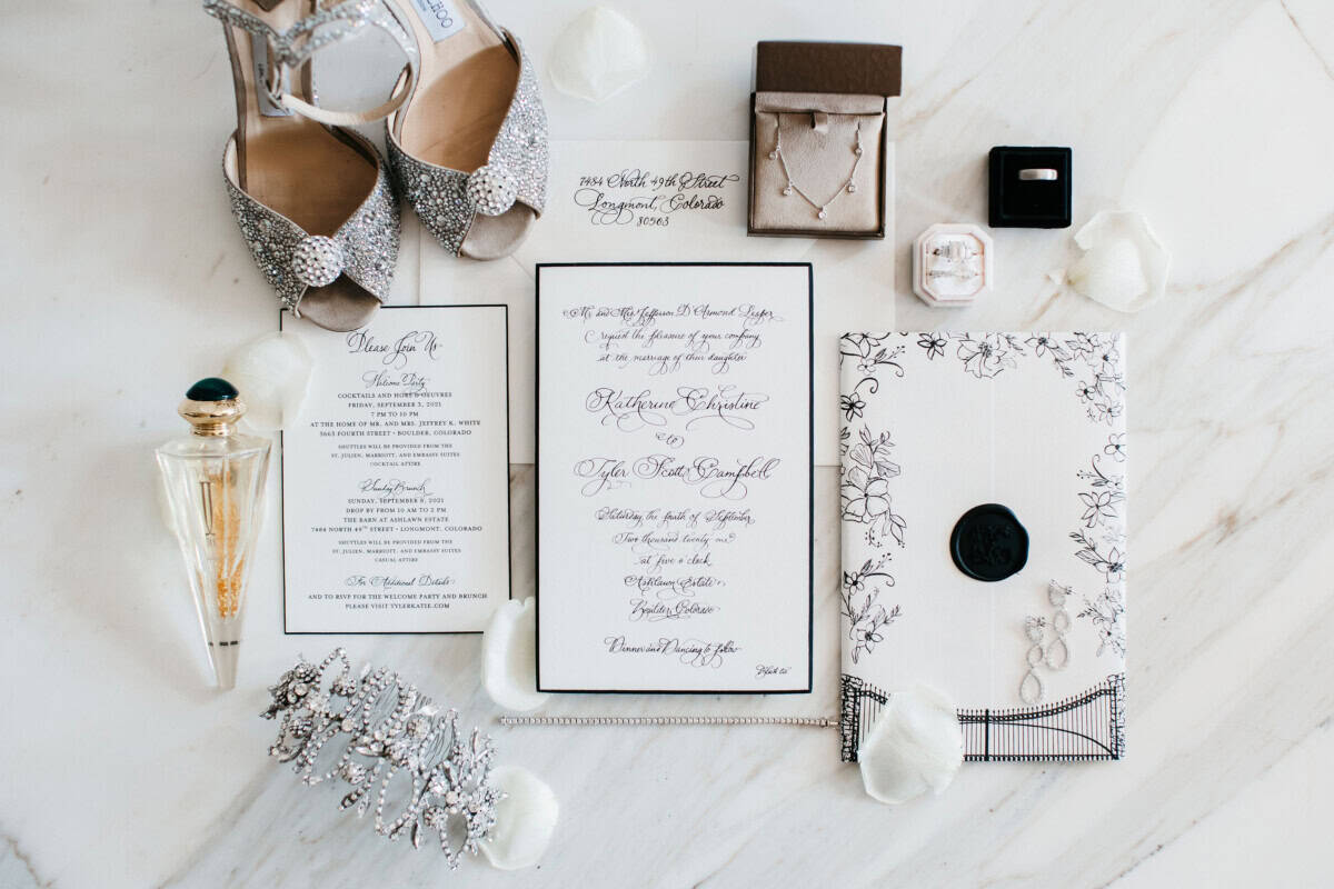 Glamorous wedding shoes, jewelry, and stationery for a high-end wedding celebration.
