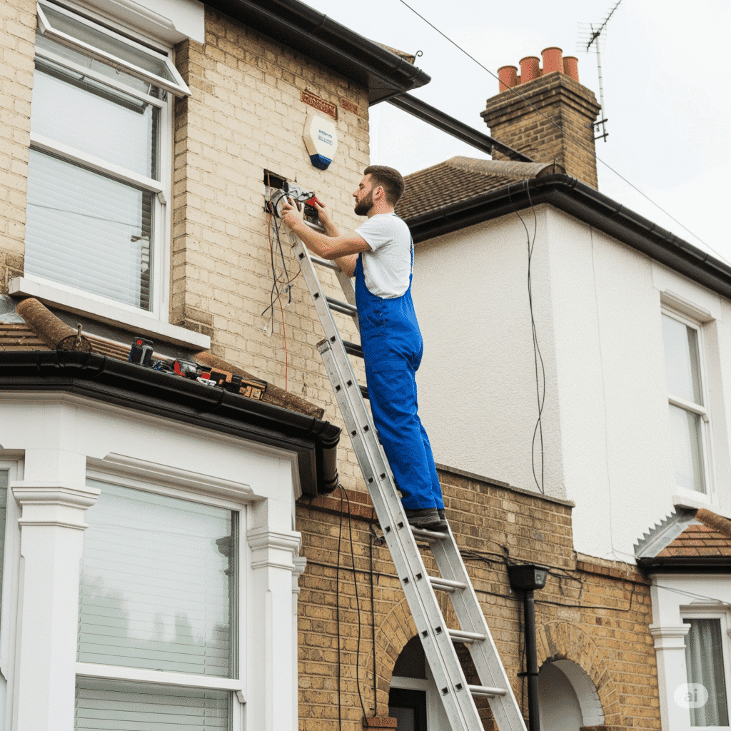 An engineer fitting a burglar alarm on the front of a terraced house