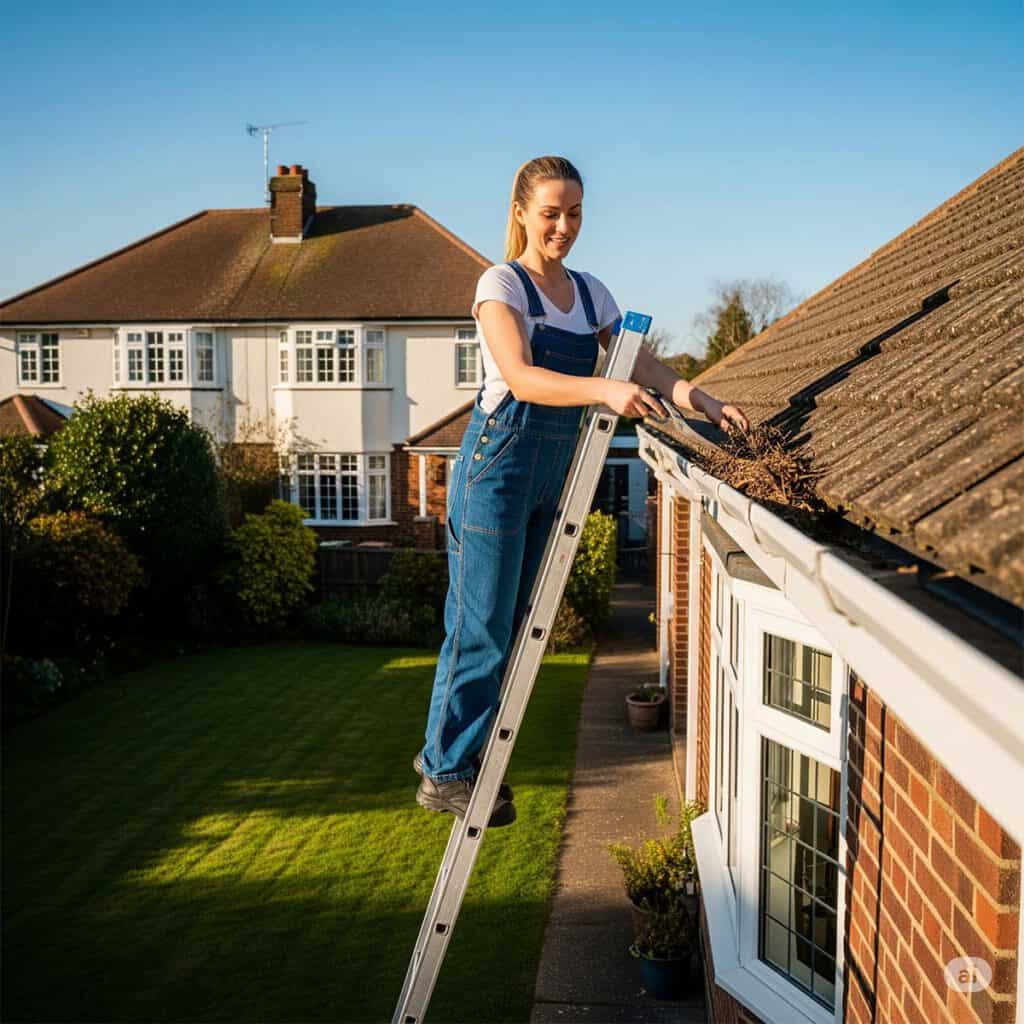 A young woman clearing gutters of a house in Hertfordshire