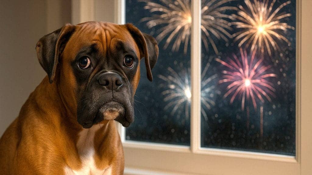 Image of a boxer dog sitting by a window looking scared as there are fireworks exploding outside the window