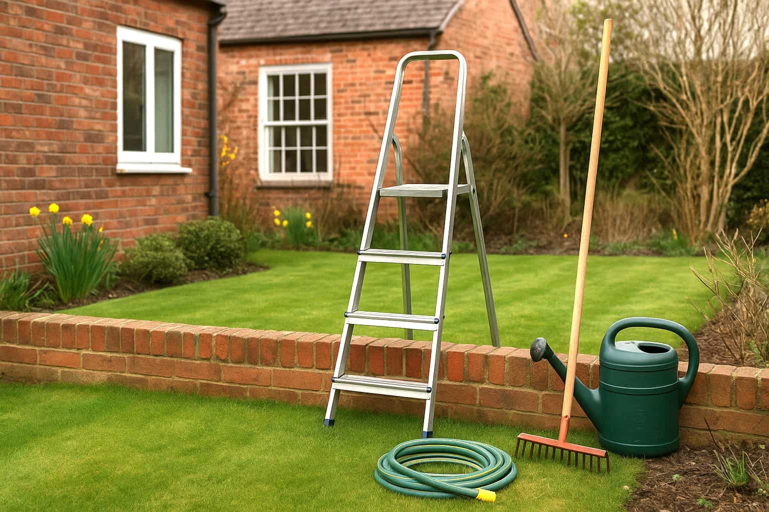 A garden in spring with garden and property maintenance tools like a rake, hose and other tools leaning against a wall
