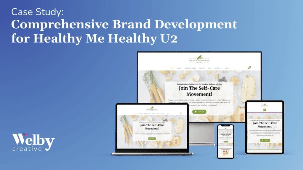 This image is a case study cover graphic for Welby Creative, showcasing their work on the Comprehensive Brand Development for Healthy Me Healthy U2, LLC. It highlights the professional, cohesive branding and web design work done by the agency. Design Description Title: The text "Case Study: Comprehensive Brand Development for Healthy Me Healthy U2" is prominently displayed in bold and clean typography, immediately conveying the purpose of the graphic. The use of a professional white font against the blue gradient background ensures clarity and visual impact. Visual Presentation: A responsive web design mockup is featured, displaying the Healthy Me Healthy U2 website across multiple devices: Desktop monitor, laptop, tablet, and smartphone. The website is visually consistent across all platforms, emphasizing its responsive and user-friendly design. The main banner of the website reads, "Join The Self-Care Movement!", showcasing the call-to-action and branding style of the website. Branding: The Welby Creative logo is displayed in the bottom-left corner, reinforcing the agency's branding and credit for the project. The logo uses a modern font with a small red accent, complementing the sleek and professional theme of the graphic. Color Scheme: The background features a gradient of soft blue tones, creating a calm and professional aesthetic that aligns with the wellness industry theme. The devices and website mockup add natural and neutral colors, such as greens and whites, that match the branding of Healthy Me Healthy U2. Purpose and Effectiveness This graphic serves as an introductory slide or header for a detailed case study about the project. It effectively highlights: Welby Creative’s expertise in brand and website development. The professionalism and consistency of the design work for Healthy Me Healthy U2. The focus on responsive and user-friendly design across platforms. This cover sets the tone for a well-organized and impactful case study, reflecting Welby Creative’s commitment to high-quality design solutions tailored to client needs.