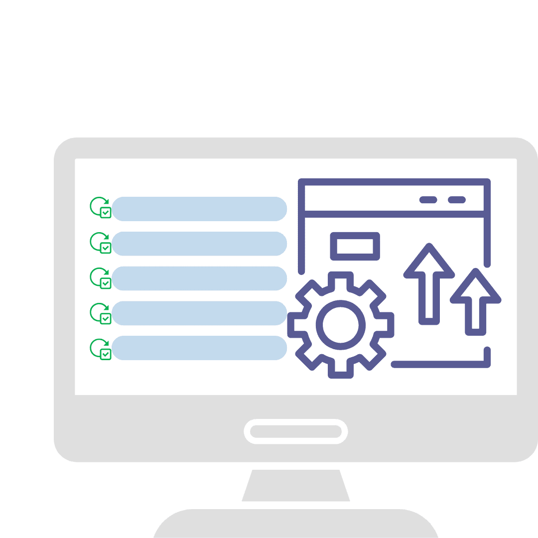 This image illustrates a graphic representation of a computer monitor displaying icons related to website management. The screen features blue horizontal bars resembling tasks or processes, green checkmarks indicating completed actions, and gear and arrow icons symbolizing configuration and updates. The design reflects the systematic and technical aspects of managing and optimizing a website.