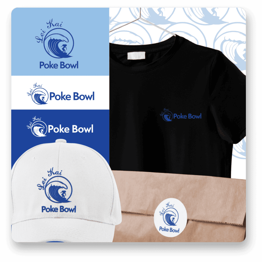 The image displays a branding mockup for 'Lei Kai Poke Bowl' featuring several items. On the left, there are three logo versions with a wave design and a surfer, each with 'Lei Kai Poke Bowl' text in different shades of blue and white backgrounds. The center showcases a black t-shirt with the logo printed over the left chest. At the bottom, a white baseball cap with the same logo is positioned above a brown paper bag, which has a circular sticker with the logo. The background of the image has wave motifs, enhancing the oceanic theme of the brand.