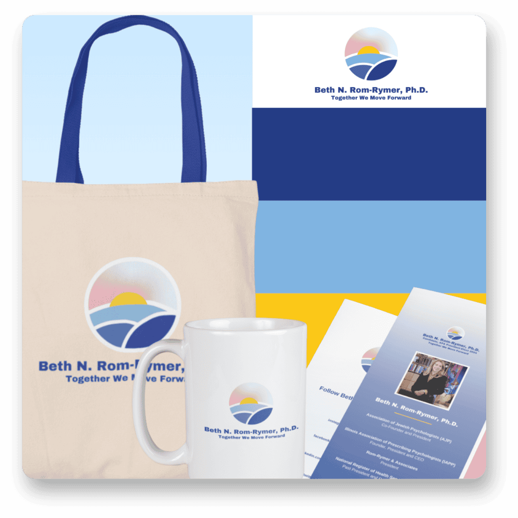 The image displays a collection of promotional items featuring a unified branding design for Beth N. Rom-Rymer, Ph.D. At the center is a canvas tote bag with a logo depicting a stylized sun rising over waves, rendered in shades of blue, yellow, and white. The bag also has the name 'Beth N. Rom-Rymer, Ph.D.' and the tagline 'Together We Move Forward' in blue text. A white ceramic mug with the same logo and text is placed in front of the bag. On the right, there are two colorful brochures displaying the branding and professional information of Beth N. Rom-Rymer. The background shows horizontal stripes in blue, white, and yellow, complementing the theme of the promotional items.