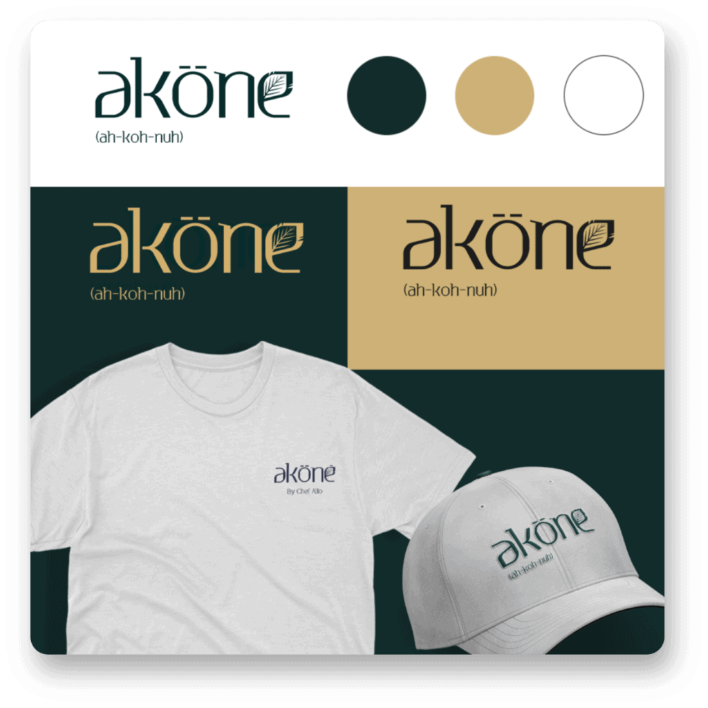 The image showcases a brand identity design for 'akōne' with the pronunciation (ah-koh-nuh) provided. The design includes a logo featuring a stylized leaf integrated into the letter 'e' of 'akōne'. Three color swatches are displayed at the top: dark green, beige, and white. Two color variants of the logo are shown on corresponding backgrounds; the dark green version on a beige background and a beige version on a dark green background. A white T-shirt with the logo and the words 'By Chef Ako' printed on it is displayed along with a white baseball cap featuring the logo. The design emphasizes a natural and elegant aesthetic.